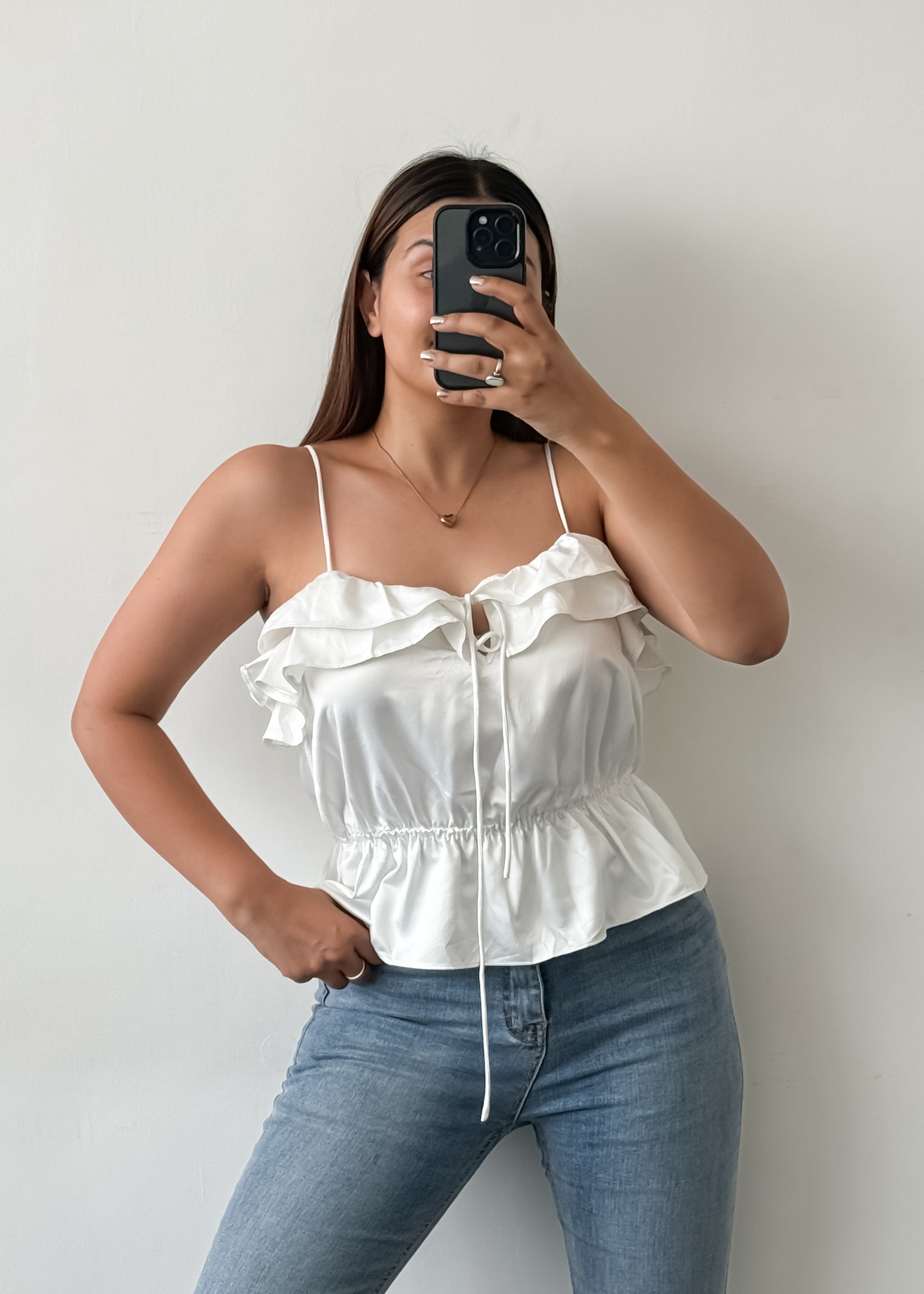 Off White Satin Frill Top