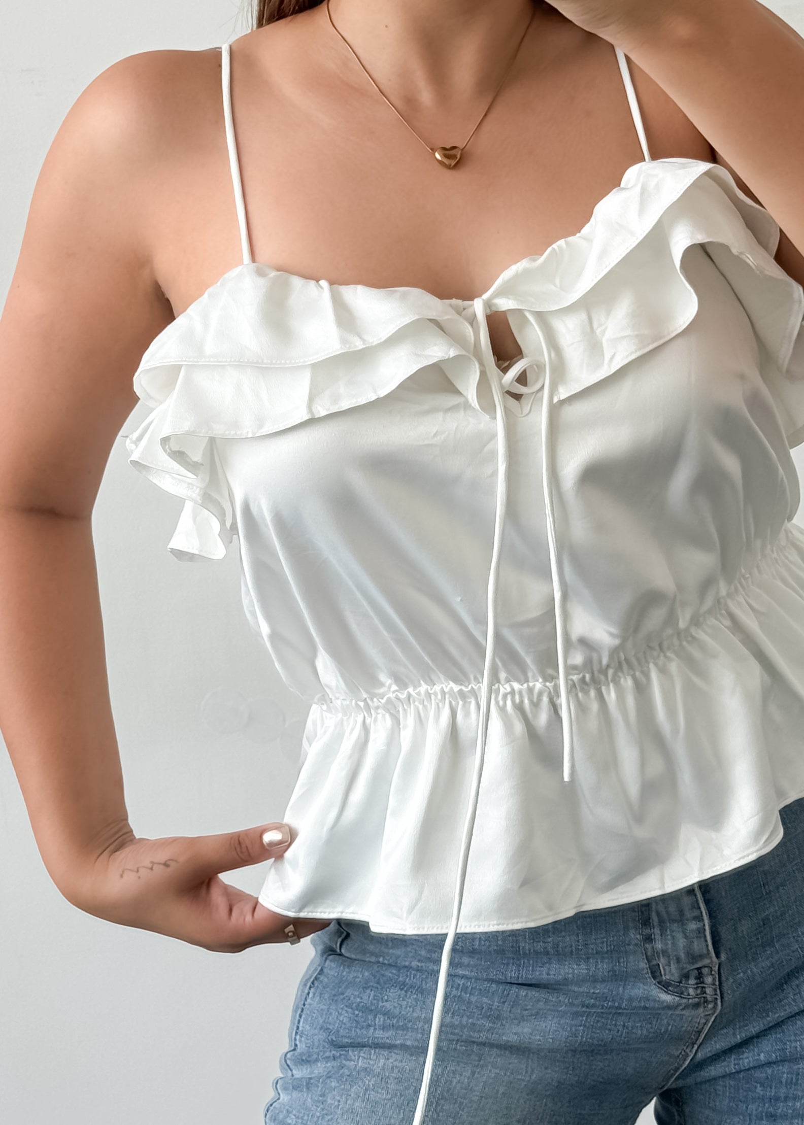 Off White Satin Frill Top