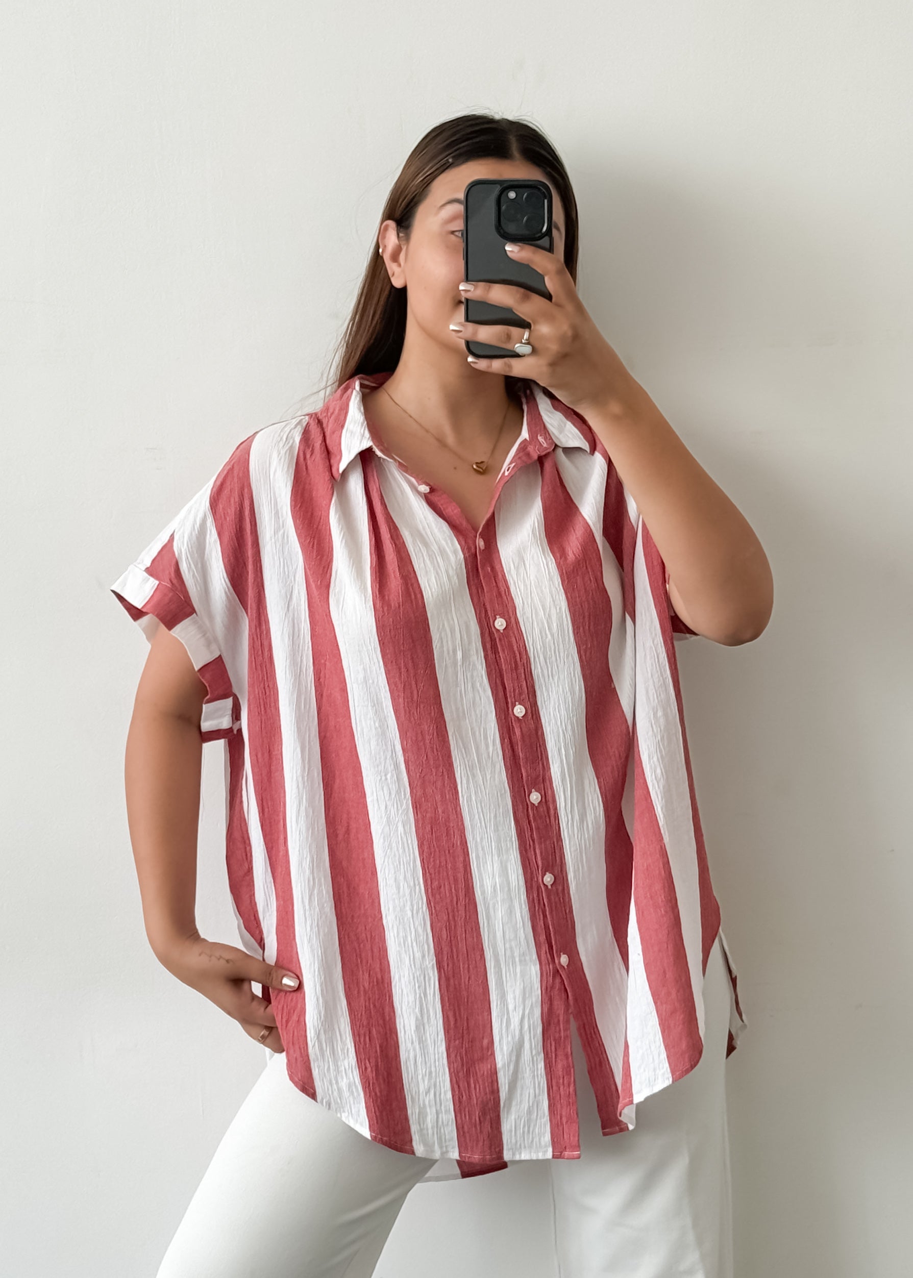 Red & White Drop Shoulder Cotton Top