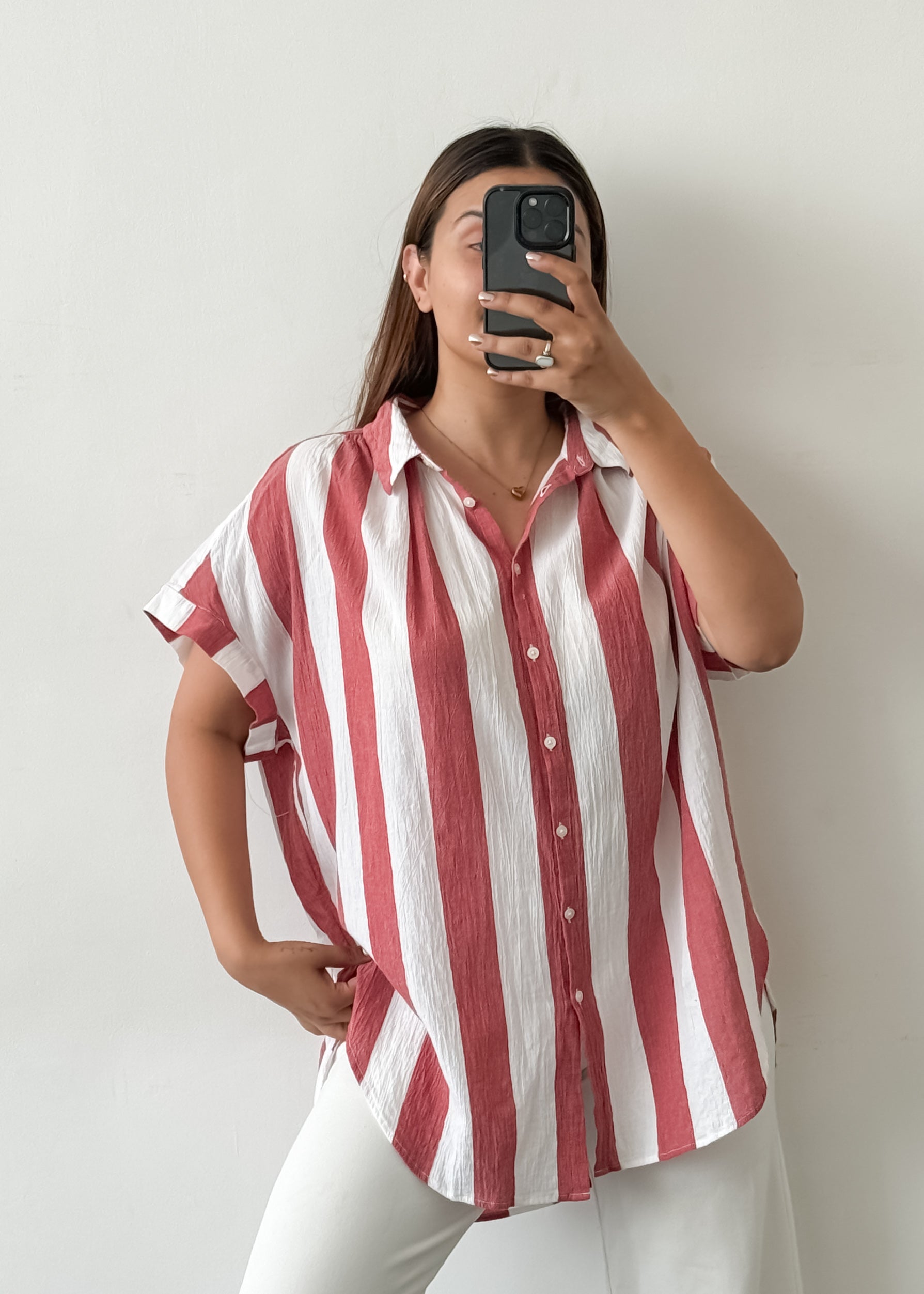 Red & White Drop Shoulder Cotton Top