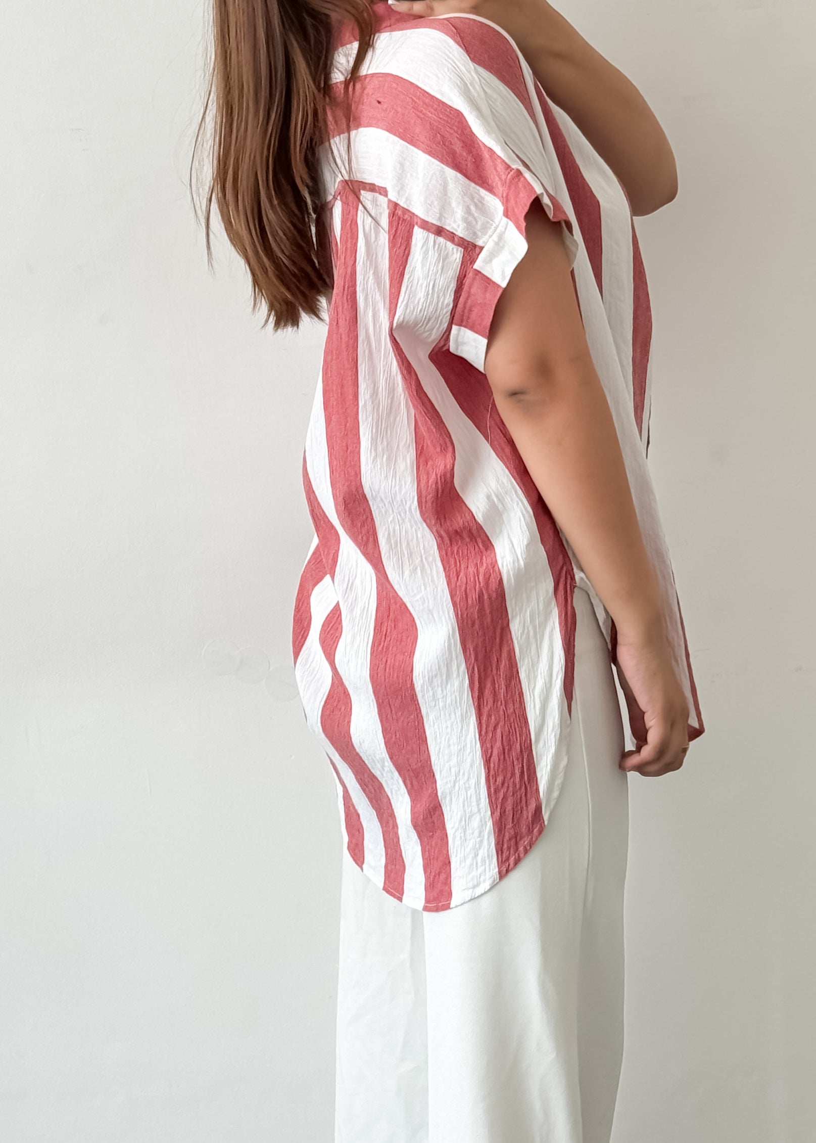 Red & White Drop Shoulder Cotton Top